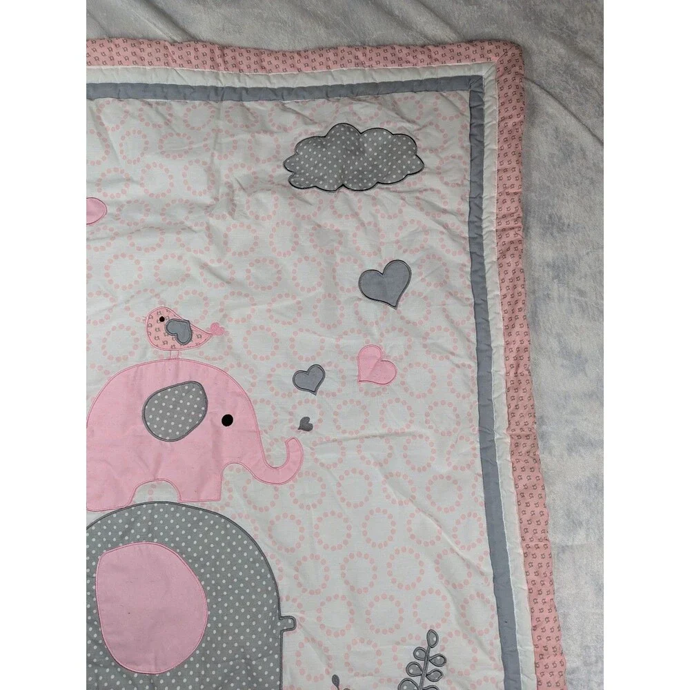 Optima Baby Quilt Poly cotton  35 X 43 Elephants Hearts Birds Blanket Pink gray